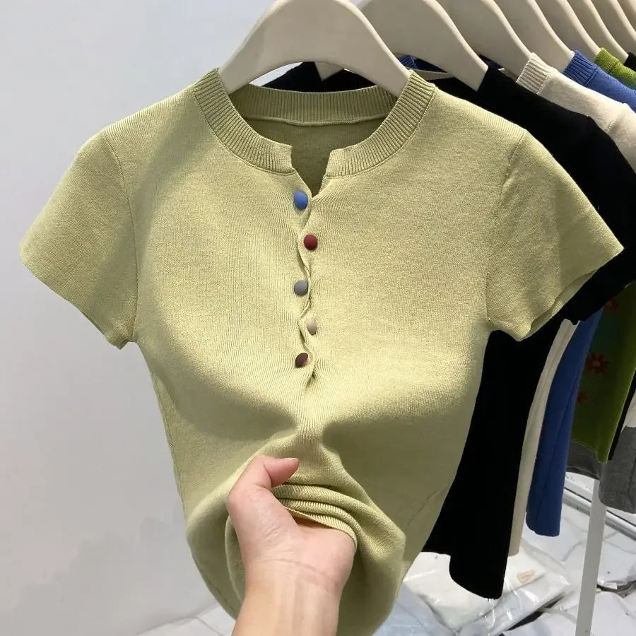2025 Summer New Multicolor Buttons Short Sleeve Knitting Top Tee Femme Slim Solid Color All-match Oversized Pullovers Women Tops