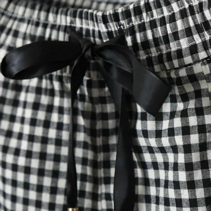 Black Plaid Vintage Cotton Elastic High Waist Lace Up Loose Women's Shorts Korean Fashion Shorts For Women 2024 Spring Summer