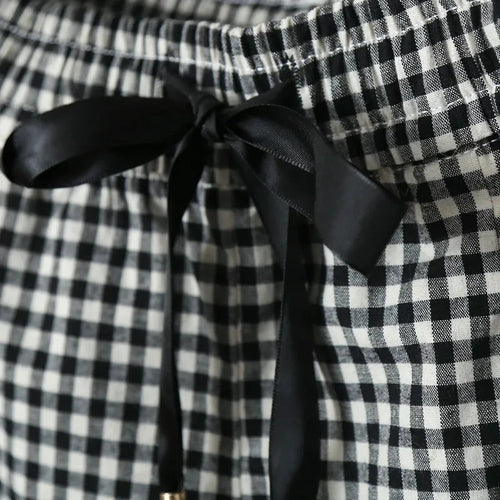 Black Plaid Vintage Cotton Elastic High Waist Lace Up Loose Women's Shorts Korean Fashion Shorts For Women 2024 Spring Summer