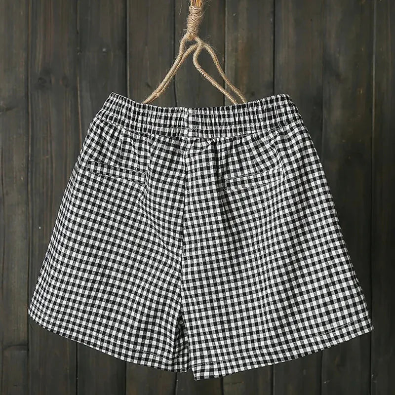 Black Plaid Vintage Cotton Elastic High Waist Lace Up Loose Women's Shorts Korean Fashion Shorts For Women 2024 Spring Summer