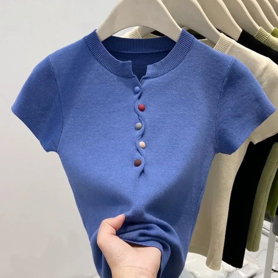 2025 Summer New Multicolor Buttons Short Sleeve Knitting Top Tee Femme Slim Solid Color All-match Oversized Pullovers Women Tops