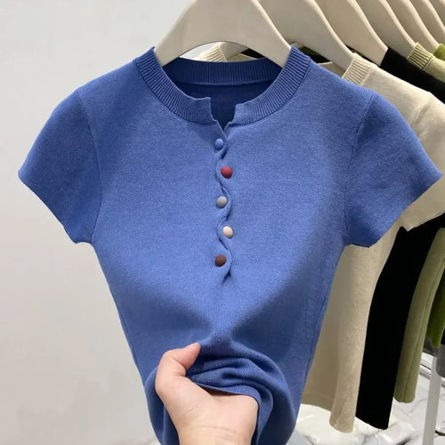 2025 Summer New Multicolor Buttons Short Sleeve Knitting Top Tee Femme Slim Solid Color All-match Oversized Pullovers Women Tops