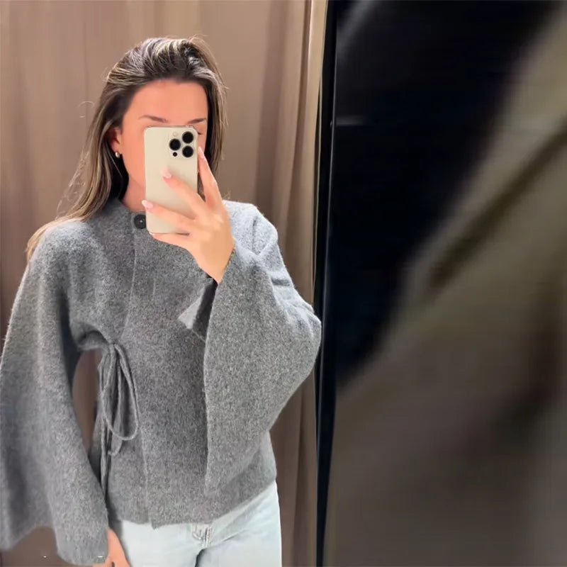 Casual Solid Women's Cardigan Lace Up Loose Knitwear Chic Spliting Batwing Sleeve Knitted Sweaters 2025 New Autumn Lady Knit Top